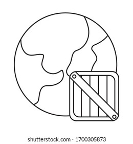 planet earth with wooden box , line style icon vector illustration design