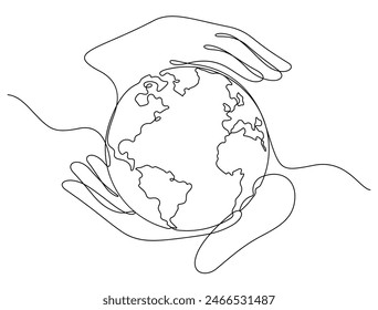 planet earth in world care concept with caring hand thin line illustration. continuous line drawing ecology issue.