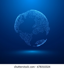 Planet earth or world with continents of the luminous dots in the blue space. Technology background. VECTOR