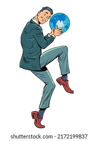 planet earth, world economy and business ecology theme. Businessman in a funny pose. pop art retro vector illustration kitsch vintage 50s 60s style