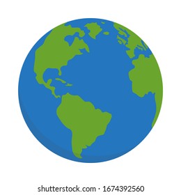 Planeta Tierra, mundo, globo, ilustración plana vectorial aislada en fondo blanco. Con Canadá, Estados Unidos, Sudamérica, África y Europa.