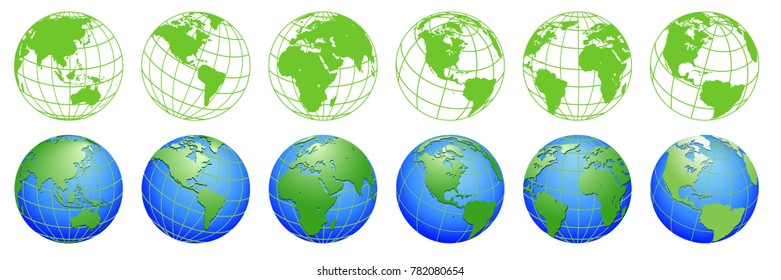 Planet Earth, world globe maps, set of ecology icons 
