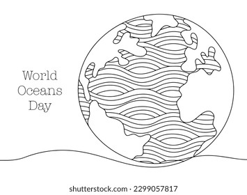 Planet Earth and the world ocean. World Oceans Day. One line drawing for different uses. Vector illustration.