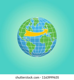 Planet Earth. World. Vector illustration of globe with arrow.