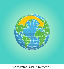 Planet Earth. World. Vector illustration of globe with arrow.