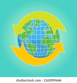 Planet Earth. World. Vector illustration of globe with arrow.