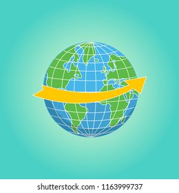 Planet Earth. World. Vector illustration of globe with arrow.