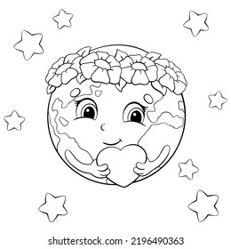 Planet Earth in a wreath of flowers holds a heart in her hands. Coloring book page for kids. Cartoon style character. Vector illustration isolated on white background.