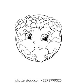Planet Earth in a wreath of flowers holds a heart in her hands. Coloring book page for kids. Cartoon style character. Vector illustration isolated on white background.