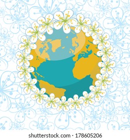 Planet earth with wreath of spring flowers.Spring background of flowers of cherry or Apple on flowers ornament background. Vector Illustration