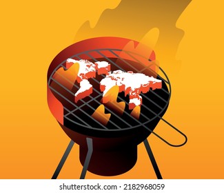 Planet Earth's Surface Placed On A Fiery Grill.
Grilled World, Burning Planet, Heatwave, High Temperatures, Global Warming And Climate Changes Concepts. Vector Illustration