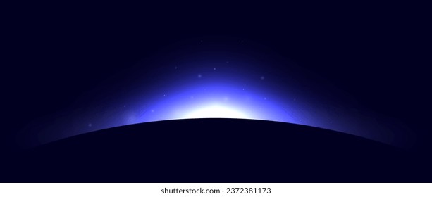 Planet eclipse concept. Purple blue solar light glare effect. Abstract glowing sunrise on dark background. Earth horizon halo illustration. Vector design for poster, banner, cover, brochure, booklet