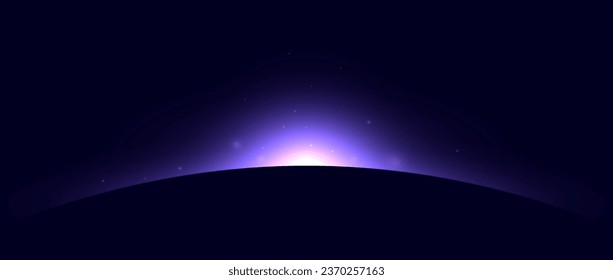 Planet eclipse concept. Purple solar light glare effect. Abstract glowing sunrise in dark space. Earth horizon halo illustration. Vector design for poster, banner, cover, brochure, booklet