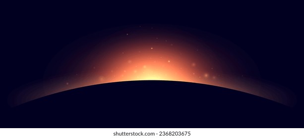 Planet eclipse concept. Red yellow solar light glare effect. Abstract glowing sunrise in dark space. Earth horizon halo illustration. Vector design for poster, banner, cover, brochure, booklet.