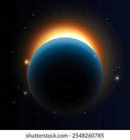 Planet eclipse in the dark sky with stars. Moon or earth planetary sunrise. Space and astronomy background. Vector EPS 10