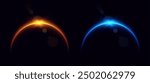 Planet eclipse, glowing flare on the horizon, sunrise over the globe. Crescent planet edge. Vector illustration