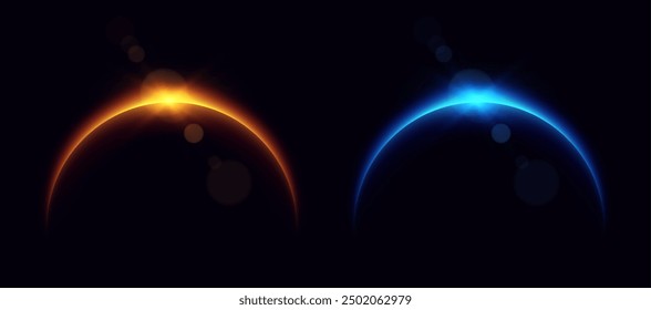 Planet eclipse, glowing flare on the horizon, sunrise over the globe. Crescent planet edge. Vector illustration