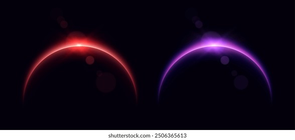 Planet eclipse, glowing flare on the horizon, sunrise over the globe. Crescent planet edge. Vector illustration