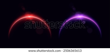 Planet eclipse, glowing flare on the horizon, sunrise over the globe. Crescent planet edge. Vector illustration
