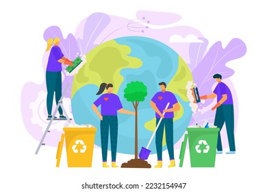 Planet ecology protection, save earth environment concept, vector illustration. Cartoon people character care about global world nature.