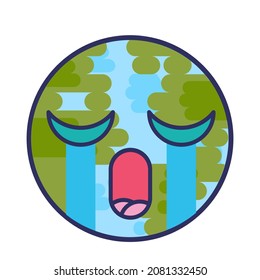 Planet emoji crying negative expression vector. Earth globe face with closed eyes and open mouth cry tear. Depressed and offended smile emotion. Plangorous emoticon flat cartoon illustration