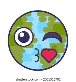 Planet emoji kiss with heart expression vector. Earth cute face winking and buss liplock. Globe comic funny smile emotion for love message. Kissing emoticon flat cartoon illustration