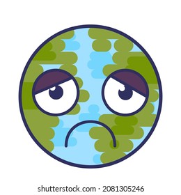 Planet emoji with melancholy expression vector. Sad earth globe, tired and worried face. Depressed earth globe smile emotion. Pensive and sorrowful emoticon flat cartoon illustration