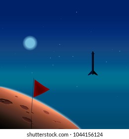 Planet exploration. Rocket in space. Mission to Mars. Mars colonization project. Vector illustration.