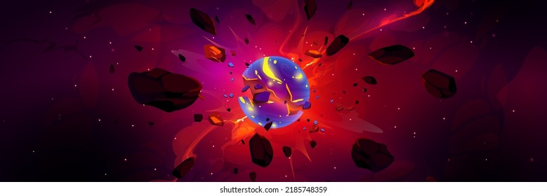 Planet explosion, asteroid or meteorite burst with fire, smoke and flying stones in outer space. Vector cartoon fantastic illustration of galaxy with stars and blue sphere blast