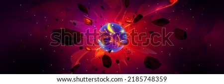 Planet explosion, asteroid or meteorite burst with fire, smoke and flying stones in outer space. Vector cartoon fantastic illustration of galaxy with stars and blue sphere blast
