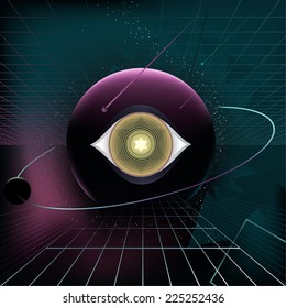 Planet Eye Cosmic Retro Style Background, vector illustration cartoon.