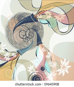 planet with fanfares swirls and flowers