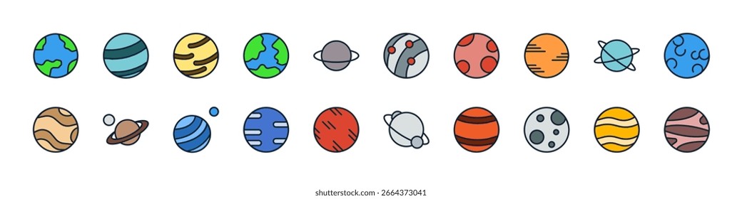 Paquete de iconos de color lleno de planeta. Pictograma lineal minimalista para Web y Diseño gráfico, App, Anuncios, redes sociales y tarjetas