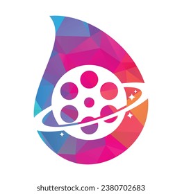 Planet film drop shape concept vector logo design.