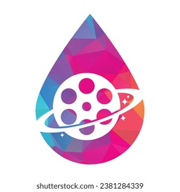 Planet film drop shape concept vector logo design.