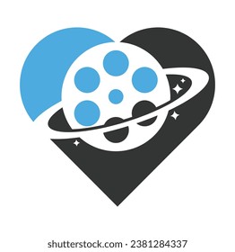 Planet film heart shape concept vector logo design.