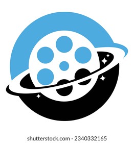 Planet film vector logo design. Film roll icon illustration in the shape of a planet.