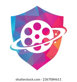 Diseño del logo del vector de la película planetaria. Ilustración del icono de la película en forma de planeta.