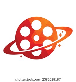 Diseño del logo del vector de la película planetaria. Ilustración del icono de la película en forma de planeta.