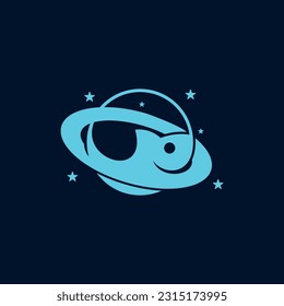 Planet Fish Logo orbital lines and stars, flat design logo template, vector illustration