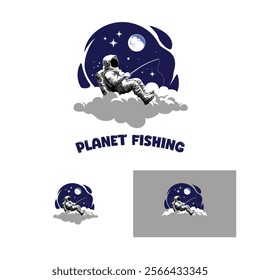 Planet Fishing logo template with a astronaut sit in the cloud hold a fishing rod and a galactic background.