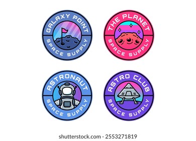 planet with flag pole, surface meteor, spaceship landing on moon, astronaut colorful modern illustration badge logo design set for astronautic, science, galaxy, space, adventure, kids merchandise