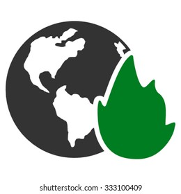 Planet Flame vector icon. Style is bicolor flat symbol, green and gray colors, rounded angles, white background.