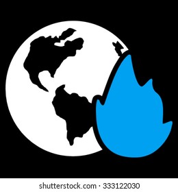 Planet Flame vector icon. Style is bicolor flat symbol, blue and white colors, rounded angles, black background.