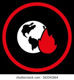 Planet Flame vector icon. Style is bicolor flat circled symbol, red and white colors, rounded angles, black background.