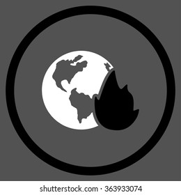 Planet Flame vector icon. Style is bicolor flat circled symbol, black and white colors, rounded angles, gray background.