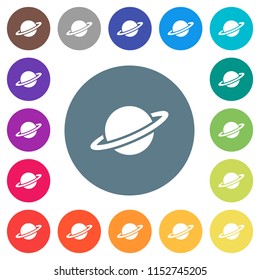 Planet flat white icons on round color backgrounds. 17 background color variations are included.