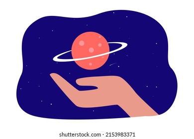 Planet floating above hand in night sky. Planet and stars as symbols of outer space flat vector illustration. Astronomy, astrology, education concept for banner, website design or landing web page