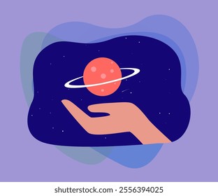 Planet floating above hand in night sky. Planet and stars as symbols of outer space flat vector illustration. Astronomy, astrology, education concept for banner, website design or landing web page