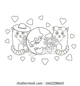 Planet, flowers, hearts and cats. Coloring page. Vector illustration.